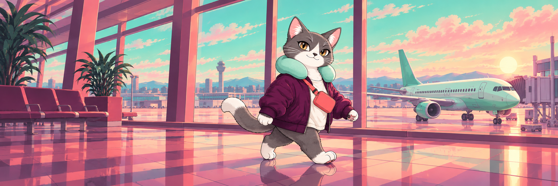 The full cat walks through a stylized airport toward a mint aircraft.