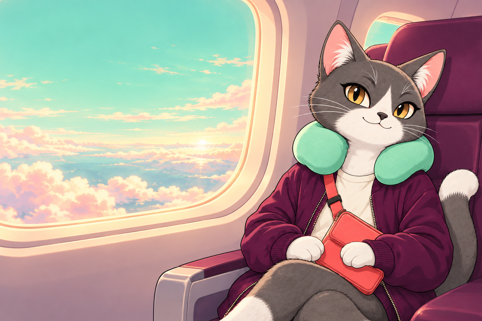 A silver-gray cat in a plum jacket and mint travel pillow enjoys an airplane window seat.