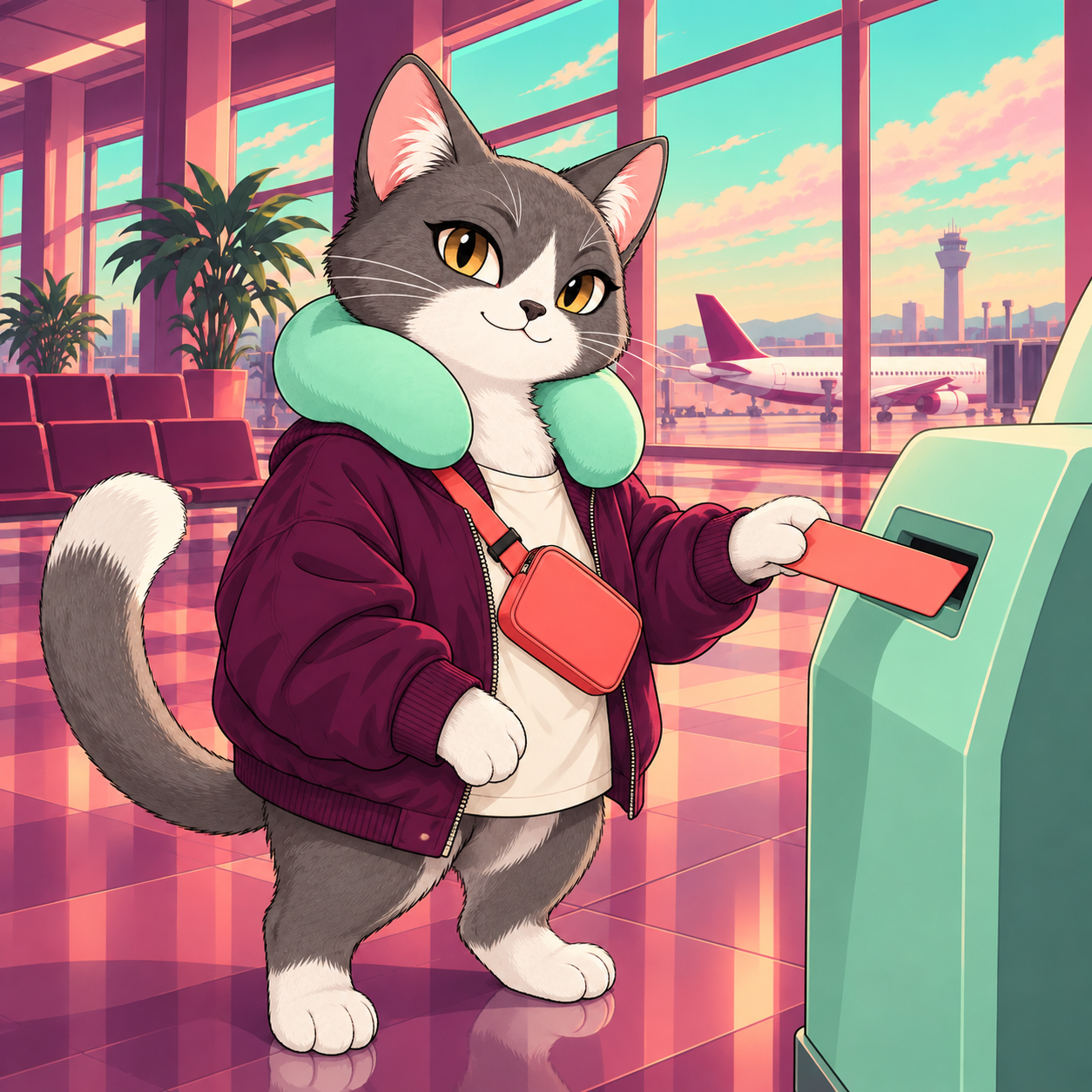 The cat presents a blank boarding pass to a mint ticket reader.