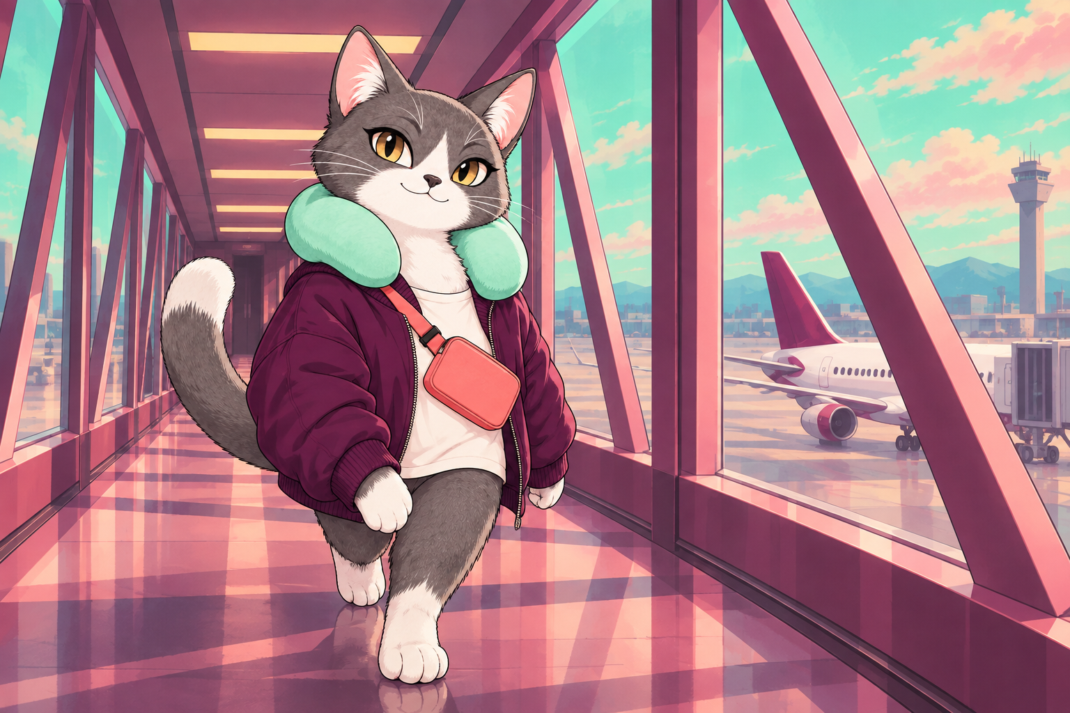 The cat walks through an empty stylized boarding bridge.