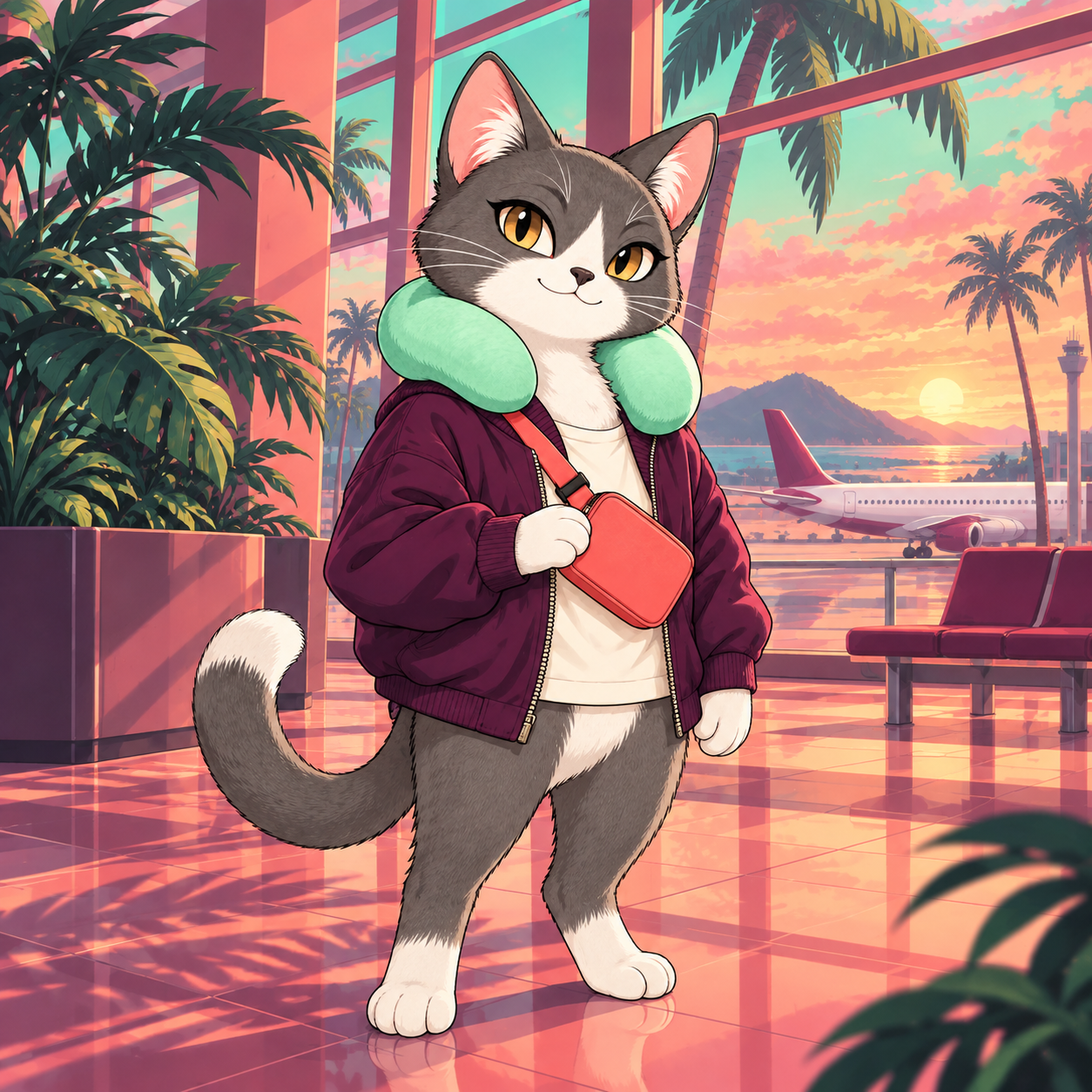 The cat arrives at a mint and coral tropical terminal under palm shadows.